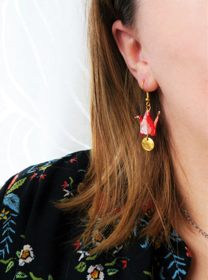 Origami earrings - Cranes and gold sequins