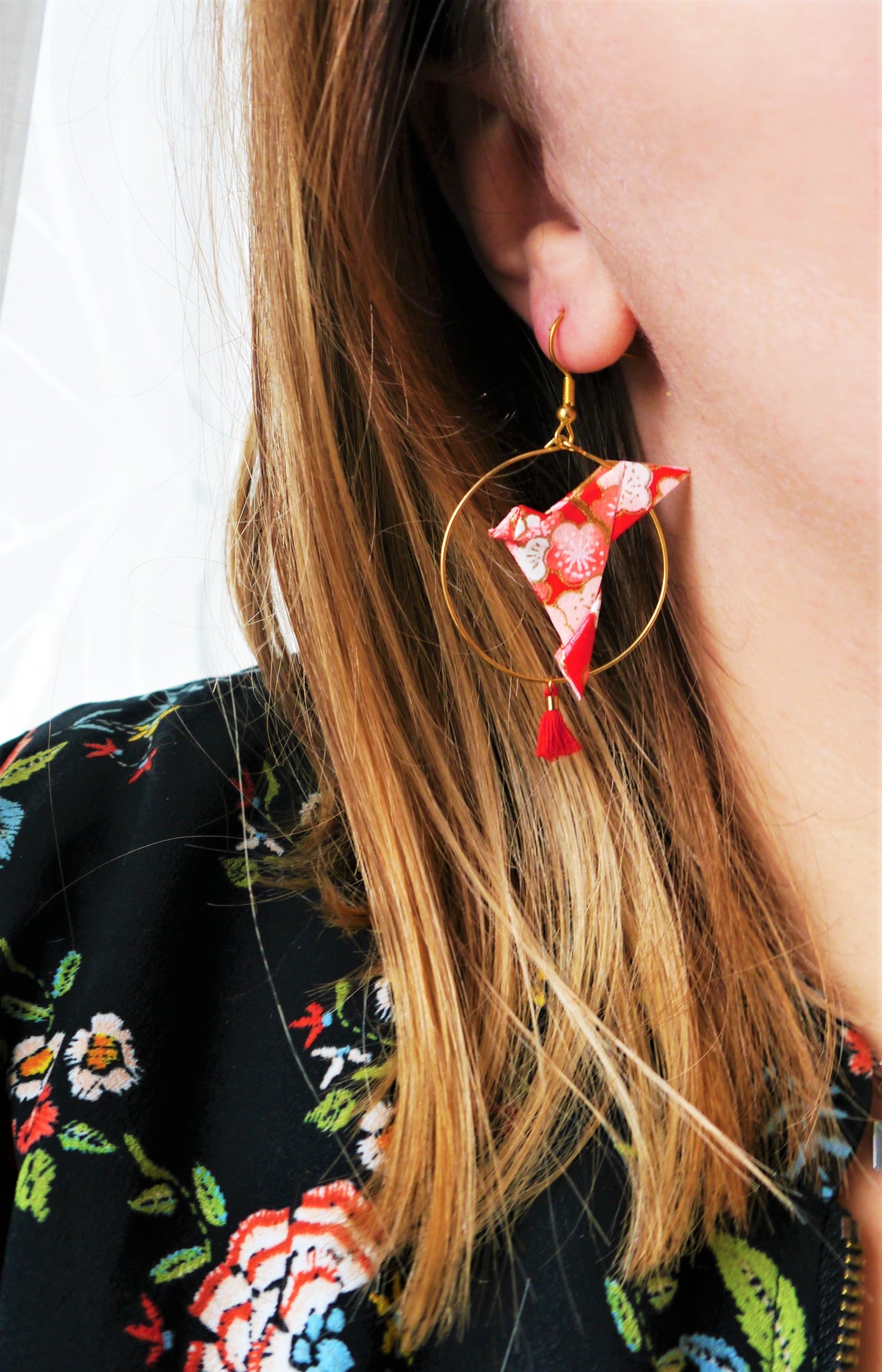 Origami earrings - Hoops with doves and pompoms